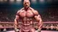 Placeholder: Highly detailed wide shot of Dwayne Johnson posing in a boxing ring, realistic, muscles, buff, flexing, pink dress, eyebrows, large crowd