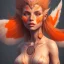 Placeholder: A beautiful portrait of a cute woman orange color scheme, high key lighting, volumetric light high details with white stripes and feathers and celtic paterns, pointed ears, vampire teeth