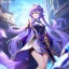 Placeholder: Clear focus,High resolution,Beatiful Lighting, purple long fluffy hair, long fluffy bangs, green eyes, custom genshin oc, must be wearing a short skirt, genshin impact name card, color pallete purple (XII)-cyber grape-rose vale