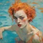 Placeholder: Egon schiele painting of a grunge woman, freckles, marilynmonroe, in the swimming pool, orange, pink, turquoise, yellow colors