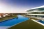 Placeholder: Sunset algarve in quinta do lago, one straight line building of 250 meters long pool on the rooftop modern luxury architecture with pool on rooftop, with green roofs and sun loungers next to pool, overlooking a tennis and padel sport facility and inserted in the Ria Formosa Natural park, on a slope with pinus pinea, a wrap around low speed veicular road, aerial view