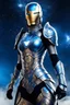 Placeholder: pretty woman on great armour, metalic, blue and silver paint, complete costume, helmet and mask, female stylized, woman lines, flying, iron man influence, darknight sky background.