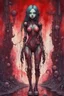 Placeholder: cyberpunk full body, huge girl and petit girl in blood, guts, , iridescent, wildflower, cosmic, futuristic intricate, behind made background liquid, watercolor illustration by <John Kenn Mortensen>, darkred tones,