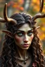 Placeholder: A fantasy druid with antlers, olive toned skin, long brown curly hair, green eyes, Quirky face, Autumn Colors