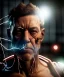 Placeholder: Ultra realistic photographic night portrait, full body shot view, cinematic, naked, young, face shaved, led lights <strong man> <hanging wires> many wires connected to the head <perfect pupil> <cyborg> <garage> <sci-fi futuristic> <thriller>, fog, soft color, highly detailed, unreal engine 5, ray tracing, RTX, lumen lighting, ultra detail, volumetric lighting, high definition.