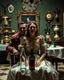 Placeholder: Persons flash photo, nightmare, 1980 horror movieshot, sitting on a chair, table, bottle, eaging, dine, odd objects in background, persone con sorriso falso e occhi grandi, tenebroso, macabro, interno museo, fiotti di liquido nero che zampillano, hypermaximalist, Hieronymus Bosch style, strangeness, sundial light, intricate, albero, hypnotic, very accentuated details of the dress and skin, eerily mysterious, artistic photo, shot on Hasselblad, sadness, follia