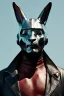 Placeholder: Medium Close Up Portrait, Front image. cyberpunk, rabbit mask, afro man, white hair. leather suit. Silver, blue, red, color. Akira style. Color background, photo studio. Avatar image, highly detailed, concept art, smooth, unreal engine 5, god rays, ray tracing, RTX, lumen lighting, ultra detail, volumetric lighting, 3d, finely drawn, high definition, high resolution.