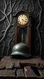 Placeholder: An old antique grandfather clock in the background of black vein, human veins, mixing together a lot of them, like a forest, big and small veins a lot of them, an army German helmet from ww2 sitting on an old broken table