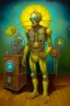 Placeholder: a mechanical man with fan in his chest , 2 light balls as eyes , 2 speakers as ears one refrigerate as head and 2 vacuums cleaners as legs , surreal, Van Gogh, Busch painting style