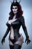 Placeholder: Amy Dumas as evil queen in black leather, leather, busty, cleavage, angry, rage, stern look. character design by cory loftis, fenghua zhong, ryohei hase, ismail inceoglu and ruan jia. unreal engine 5, artistic lighting, highly detailed, photorealistic, fantasy