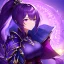 Placeholder: girl, masterpiece, best quality, cinematic lighting, detailed outfit, perfect eyes, purple hair, purple eyes, long hair, ponytail, in a fantasy world with armor-plated clothes, with a mystical background, glowing effects, with intricate patterns,