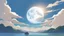 Placeholder: giant half transparent virtual moon, glitchy, blurry, mechanical, sci-fi, maximum quality, centered on frame, far view, in the middle of a grassy hill, white sky with cumulonimbus, manga, makoto shinkai style, blue sea
