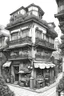 Placeholder: tokoy's corner, Line Drawing, A classic black-and-white line drawing style with intricate details and clean lines. The streets are depicted with precision, capturing the architectural diversity of tokoy's corner. The drawing will be realized as a traditional pen and ink illustration, with fine-tipped pens used for precise linework and shading