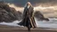 Placeholder: The stately and wise sorcerer named Pealda Stormbringer is walking on a rocky beach looking at a stormy ocean. He is dressed as a lord. He has grey hair and a white beard. beautiful light brown leather gloves. no jewelry. everything is intricately sculpted, exquisite realism, fantasy art, identical eyes, perfect face, Hyperrealistic, splash art, concept art, mid shot, intricately detailed, color depth, dramatic, 2/3 face angle, side light, colorful background