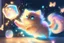 Placeholder: cute chibi fluffy beige bioluminescent cat playing with colorful flying stars dynamic movements next to a glowing tiffany lamp in a modern room