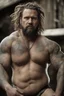 Placeholder: full figure shot, very realistic photography, ugly dirty wet drunk chubby stocky gipsy 36 years old , very oiled body, very detailed, dim light, view from below, short beard, drunk eyes, dreadlocks, tattoo, bullneck, mature barely burly bearded muscled and robust , bulging dirty shorts, seamlessly blending big masculine forms , editorial ambiance, cross-processing effects, big shoulders, ambient occlusion , bright shiny light, impressive composition, volumetric light