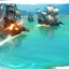 Placeholder: two pirate ships fighting each other at sea. They fire cannons at each other and one ship is hit and burns.