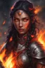 Placeholder: female Paladin Druid with bright red eyes effortlessly conjuring flames. Picture her black, half-braided hair seeming ablaze, surrounded by the glow of magical embers. she relies on fire and magic, a scar on her face telling tales of battles on her tanned skin, embodying strength and elemental mastery.