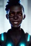 Placeholder: portrait,beautiful black woman smiling, white eyes, post-apocalyptic in a cyberpunk city, realistic, intriacte detail, sci-fi fantasy style, volumetric lighting, particales,highly detailed,cinamatic, deep colours,8k