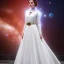 Placeholder: model shoot style, digital art zoomed out portrait of (Princess Leia) ((dressed in white and off white gown)), surrounded by 100 planets, ultra-detailed, ultra quality, illustration, eerie atmosphere, 8k, cinematic lighting