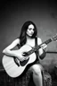 Placeholder: beautiful woman playing acoustic guitar in mid west blck and white old photto