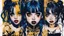 Placeholder: Poster in two gradually, a one side malevolent goth vampire girl face and other side the Singer Melanie Martinez face, painting by Yoji Shinkawa, darkblue and gold tones,