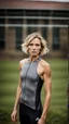 Placeholder: photography of a beautiful anorexic woman, grey satin triathlon top, sports illustrated, blond short wavy bob haircut, pronounced sternum, flat chest, anthracite cycling leggins