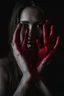 Placeholder: A photograph of a red hand with black eyes, covering part or all of her face and body while she smiles in an eerie way. The background is dark and the woman's expression adds to its mysterious allure. Her presence creates an atmosphere filled with unease and curiosity. --ar 29:44 --v 6. 0