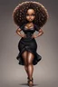 Placeholder: create a digital airbrush image of a chibi curvy black female wearing a black maxi dress and black sandals. Prominent make up with brown eyes. Highly detailed wild tight curly afro.