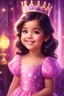 Placeholder: Digital painting of a beautiful little girl in a gorgeous pink dress, front view, Agnes face, smile, shiny crown, dark hair, glowing eyes, cute face, adorable cute girl, cozy room in purple and yellow in the background, sparkles, Disney art, digital painting style, high quality, 4k