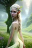 Placeholder: elven young woman, wearing light dress, happy expression, visible ultradetailed armonious cute femine face, visible and ultradetailed body, luminous weather, field in the mountains, ultra realistic, concept art, intricate details, highly detailed, photorealistic, octane render, 8 k, unreal engine, art by artgerm and greg rutkowski and charlie bowater and magali villeneuve and alphonse mucha