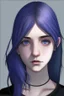 Placeholder: Realistic female teenager with pale skin, big grey eyes, blue and purple shoulder length hair, angular facial features, round face, prominent collarbones, black clothing