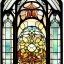 Placeholder: circular wrought iron frame window with stained glass effect, highly detailed, intricate, warm colors, alphonse mucha