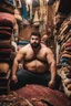 Placeholder: close up photography of a burly chubby muscular strong 23-year-old turkish man in Istanbul bazaar, shirtless, short beard, selling carpets sitting on a pile of carpets, big shoulders, manly chest, very hairy, side light, view from the ground