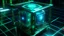 Placeholder: Cube tesseract from movie Loki. Tesseract size must be third part of image size. Located strictly in the middle of picture with space around it and with navy blue/green glow inside tesseract. Without surface/table on which it stay.