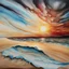 Placeholder: Alcohol ink art with thin black and gold lines at boundaries. Hyper realism, Fantasy, Surrealism, HD, Detailed. Centered. Shades of white, gold, red, and light blue. A beach with fine sand. Very large sun rise on horizon. Reflection. Waves splashing. Seashell. The sky filled with the morning colors of sunrise.