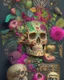 Placeholder: Mexican Skull Calavera, surrounded by poetic ornamental elements such as fruits, flowers, garlands of lights and native plants, colors Pink, Green, Gold and Black, 3D style, painting art, highly detailed, surrealist