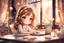 Placeholder: cute chibi light brown haired girl sitting in a dessert shop, working on a laptop, satin curtains, blur 5% in the sunshine, watercolor and black ink outlines, sparkling golden glitter, ethereal, cinematic postprocessing, bokeh, dof