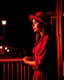 Placeholder: woman with a red baseball hat. leaning on a wooden balcony. night time. fantasy. medieval.