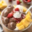 Placeholder: ice cream, sundae, mango-maracuja, whipped cream, chocolate chips, strawberry sauce