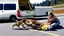 Placeholder: lady giving CPR to injured deer on highway I90 in front of a LARGE BUDGET MOVING VAN