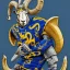 Placeholder: Book of Kells carpet page in blue and yellow colors, picture of a bighorn ram in armor and holding a football, a highly detailed illustration, realistic render, 8 k, micro detail, intricate, elegant, centered, digital painting, Artstation, smooth, sharp focus, illustration, artgerm