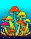 Placeholder: Mushrooms colorful page cartoon, simple bold precise lines, color background