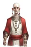 Placeholder: full length 22-year old, grey eyed, bald female human cleric with a necklace of red beads