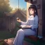 Placeholder: anime girl sitting on a porch swing of an old house, wearing pajamas, drinking a cup of coffee, writing in a book, its raining