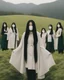 Placeholder: a group of no face women with mask standing on top of a lush green hillside, inspired by Ren Hang, design milk, long black hair, whites, wanderers traveling from afar, trending on artisation, cloning spell, coat pleats, in twin peaks, submarine, by Helen Thomas Dranga, symetry, round-cropped, noire photo