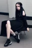 Placeholder: Billie Eilish, sitting on a chair, Black Short Dress, pale skin, high detail, realistic, 8k