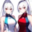 Placeholder: Clear focus, 8k, beautiful lighting, vibrant colors, girl, white hair, long hair, vibrant red eyes, ponytail, same twins, white hair, red eyes, same clothes,