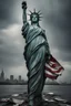 Placeholder: the statue of liberty, dress dirty and torn, her face solemn and terse, trash littered at her feet, she holds a crumpled american flag as she walks away, back to the viewer, under a dark and dreary sky