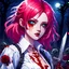 Placeholder: 2dcg,anime art style,blue and light pink color,red hair zombie lady,all white eye,night in the graveyard,gore,violence,Decapitation,dismemberment,disturbing,Monster,guts,morbid,mutilation,sacrifice,butchery,meathooks,no hands,do not draw hands